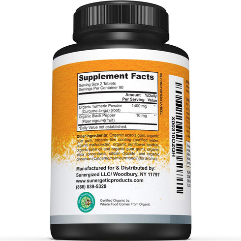 Sunergetic USDA Certified Organic Turmeric Supplement – Includes Organic Turmeric & Organic Black Pepper – 1,400mg of Turmeric per Serving - 180 C...