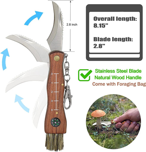 Mushroom Knife with Brush and Foraging Bag Kit, Folding Gardening Knife for Pruning, Foraging Knife with Belt Pouch & Sharpener, Harvest knifes fo...