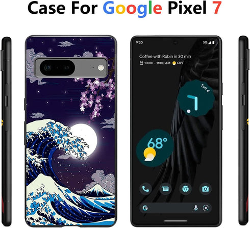 Compatible with Google Pixel 7 Case Japanese Wave Cherry Blossom Moon Pattern Phone Case for Boys Girls Aldults, Soft TPU Shockproof Anti-Scratch ...