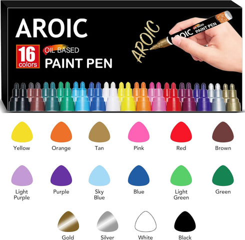 AROIC Paint Pens Paint Markers, 16 colors Oil-Based Waterproof Paint Marker Pen Set On Rock, Wood, Fabric, Metal, Plastic, Glass, Canvas, Mugs, Wa...