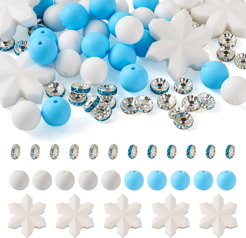 Cheriswelry DIY Winter Theme Jewelry Making Kits with 30pcs 15mm Round Silicone Focal Beads & 5pcs Snowflake Silicone Beads & 30pcs 10mm Glass Rhi...