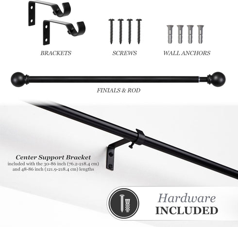 Kenney Chelsea Ball End Window Curtain Rod - Adjustable 28 to 48 Inches, Extendable Set, Black...