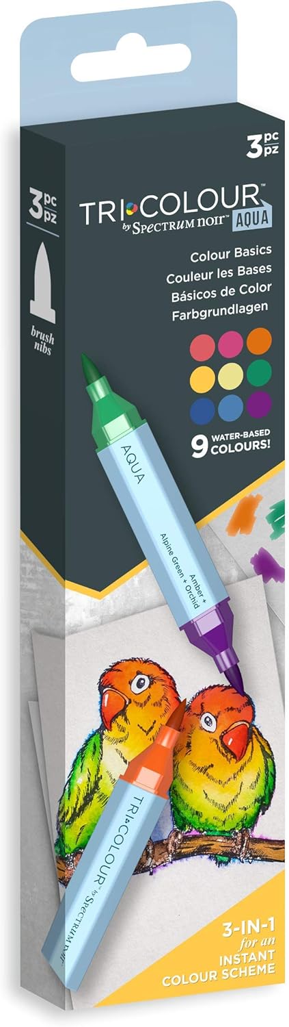 Spectrum Noir TriColour Brush Nib Watercolour Markers Colouring Pack of 3 - Unique 3-in-1 Blendable Colour Shade Effect - Colour Basics...