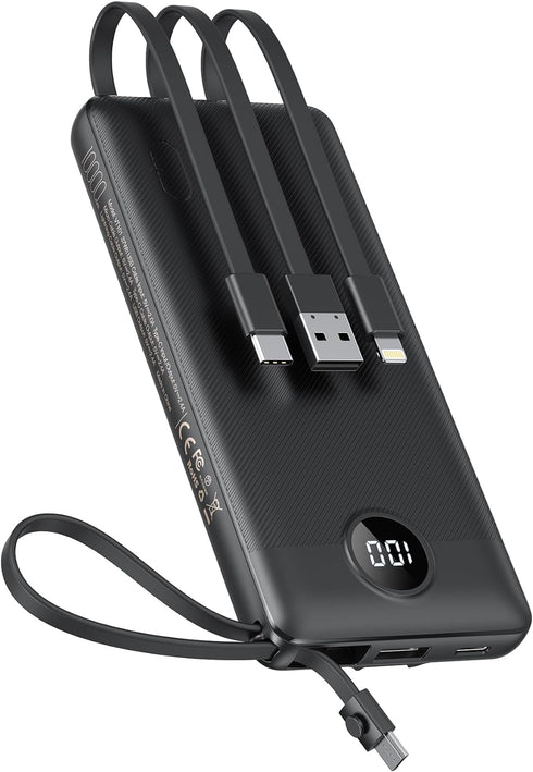 VEEKTOMX Portable Charger with Built-in Cables, 10000mAh Power Bank for iPhone, Slim Fast Charge USB C Battery Pack, Travel Essentials Powerbank C...