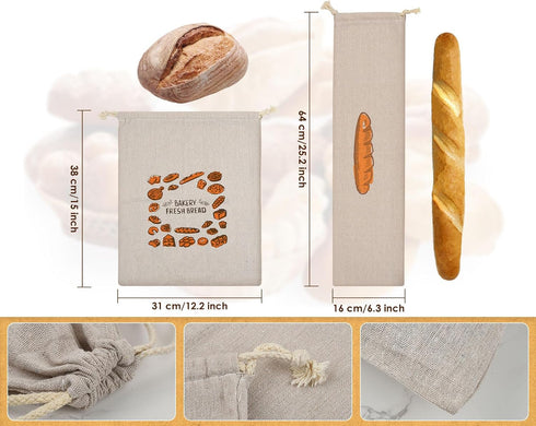 Linen Bread Bags Set of 4 Reusable Bread Bags for Homemade Bread Fresh Bread Storage for Crusty European Bread, Baguette...