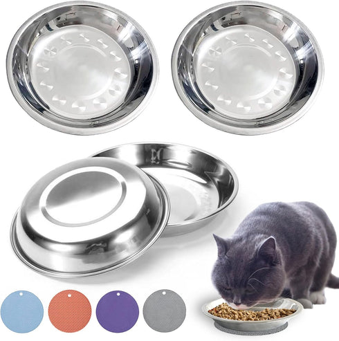 Stainless Steel Cat Bowls, Cat Food Bowls Shallow Wide Cat Bowl Relief Whisker Fatigue Cat Food Water Bowl with Non-Slip Placemats for Cat Small D...