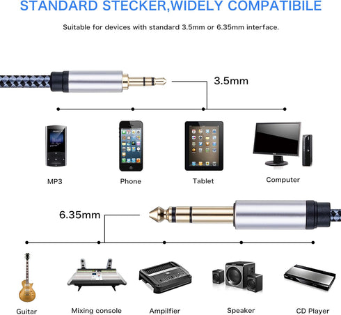 Tiierzon 1/8 to 1/4 Stereo Cable 6Ft, 6.35mm 1/4" Male to 3.5mm 1/8" Male TRS Bidirectional Stereo Audio Cable Jack for Guitar, Home Theater Devic...