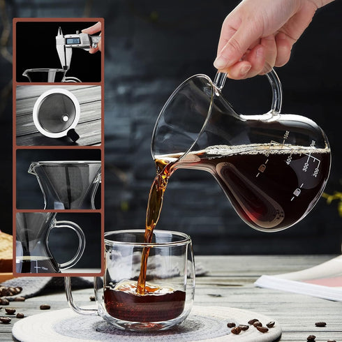 Unbreakable Pour Over Coffee Maker with Double Stainless Filter 17 fl oz, 4-5 Cups, Thickened Heat-Resistant Borosilicate Glass Dripper Coffee Pou...