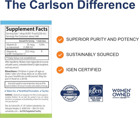 Carlson - Kid's Super Daily D3+K2, 25 mcg (1,000 IU) D3 & 22.5 mcg K2, Vitamin D Drops with Vitamin K2, Liquid Vitamins, 1000 IU Vitamin D3, Heart...