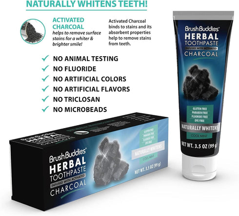 Brush Buddies Herbal Toothpaste with Activated Charcoal, 3.5 oz | Whitening Toothpaste | Charcoal Toothpaste | Fluoride Free Toothpaste (Pack of 3...