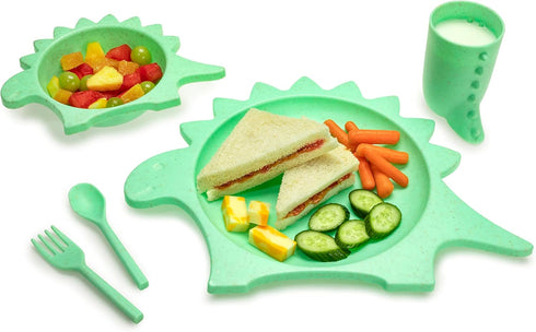 5 Piece Cellulose Feeding Meal Set, Plate, Bowl, Cup, Spoon & Fork – Eco-Friendly, Dishwasher & Microwave Safe (Dinosaur)...