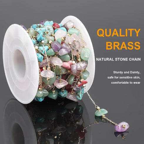 KYUNHOO 16.4FT Colorful Natural Stone Chain Links Gold Plated Brass Chain for Necklace Thin Paperclip Chain Roll with Lobster Clasps Jump Rings Je...