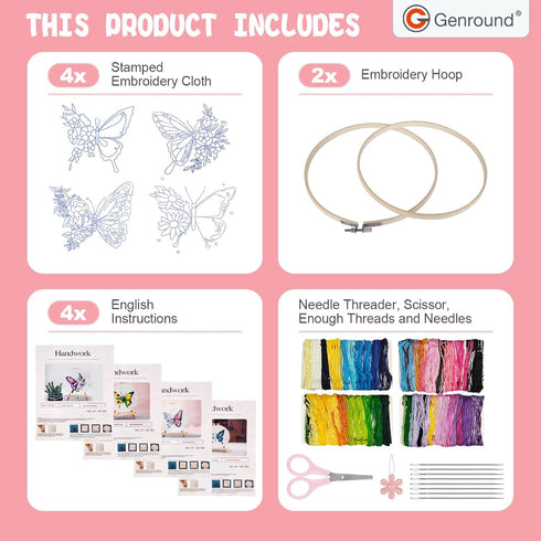 Embroidery Kit for Beginners,Cross Stitch Kits Set,Floral Butterfly Pattern Needlepoint Kits,4 Sets Hand Embroidery Kit for Craft Lover Hand Stitc...