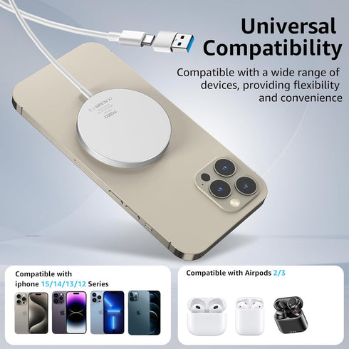 TOZO W6 Wireless Magnetic Charger, 15W Fast Charging Pad with Aviation Aluminum Numerical Control Technology Compatible with iPhone 15 14 13 12 Se...