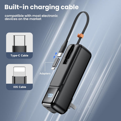 Small Portable Charger with Foldable Wall Plug 5000mAh,22.5W Fast Charging Power Bank Built in USB-C Cable,Mini External Battery Pack with LED Dis...