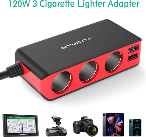 AUOPLUS 120W 3 Socket Cigarette Lighter Splitter Car Charger Adapter, LED Voltage Display Dual 4 USB Chargers(6.8A), Car Charger On/Off Switches 1...
