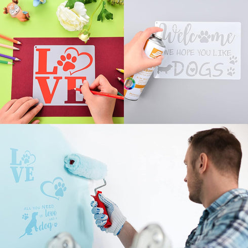 11 Pieces Dog Paw Stencils Trail of Paw Stencil Love Dog Stencils Reusable Painting Templates with Metal Open Ring for DIY Scrapbooks Painting on ...