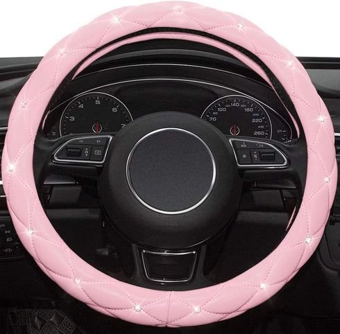 Xizopucy Pink Steering Wheel Cover, Diamond Leather Bling Steering Wheel Cover, Anti-Slip Steering Wheel Protector with Crystal Rhinestones for Wo...
