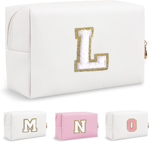 Personalized Initial Preppy Travel Makeup Bag Organizer, Small White Cute Cosmetic Bag Toiletry Zipper Pouch for Women, Portable Waterproof PU Mak...