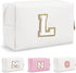 Personalized Initial Preppy Travel Makeup Bag Organizer, Small White Cute Cosmetic Bag Toiletry Zipper Pouch for Women, Portable Waterproof PU Mak...