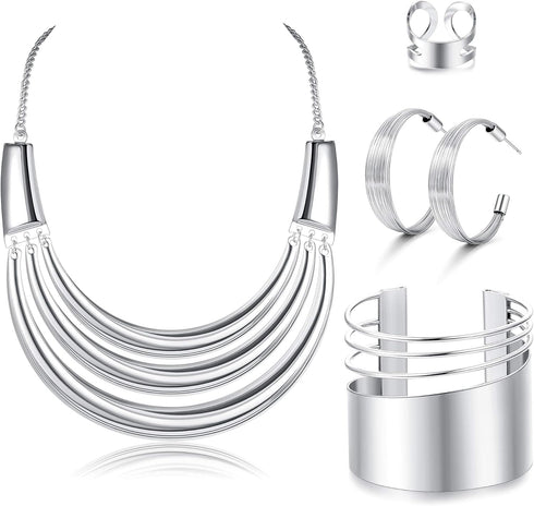 JOERICA Bib Choker Necklace Silver Gold Jewelry Set Wide Cuff Bangle Bracelet Open Hoop Earrings Adjustable Ring Chunky Silver Gold Statement Cost...