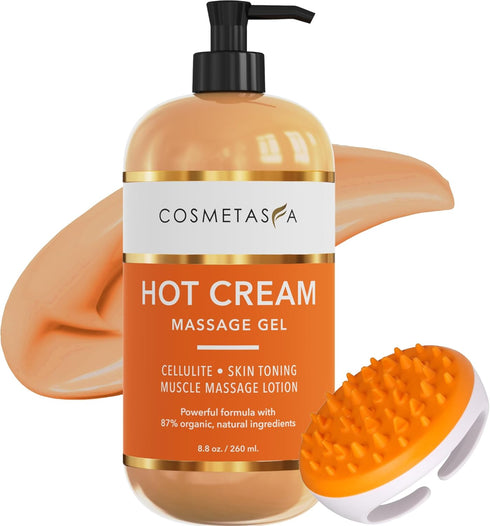 Cosmetasa Hot Cream Massage Gel with Massager Mitt- Natural and 87% Organic Cellulite Cream - Multi Use, Skin Toning Cream, Joints and Muscle - 8....