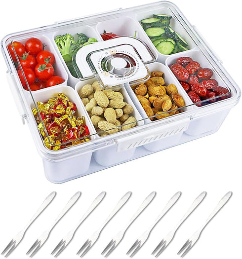 Divided Serving Tray with Lid and Handle Snackle Box Charcuterie Container for Portable Snack Platters Organizer Fruit Divider with 8 Compartments...