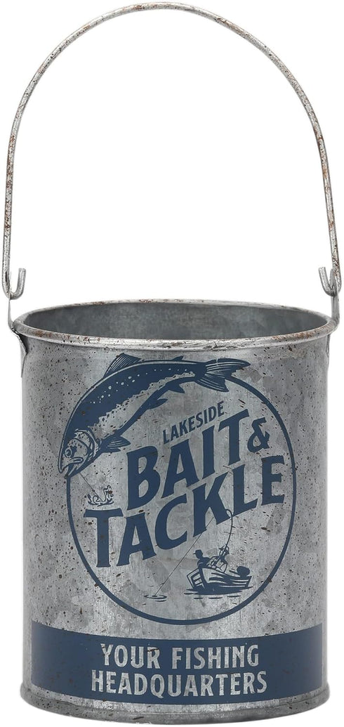 Lakeside Bait and Tackle Metal Bucket - Decorative Fishing Pail for Pencils, TV Remotes or Tools...