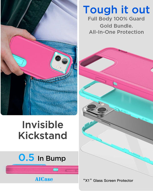 AICase for iPhone 12/12 Pro Case Built-in Kickstand with Glass Screen Protector+Camera Lens,Heavy Duty Drop Protection Full Body Rugged Shockproof...