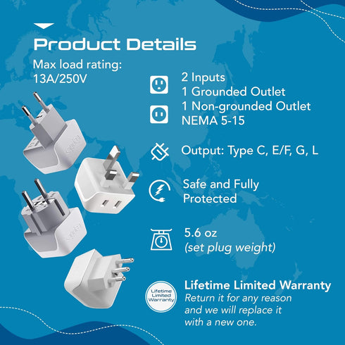 Ceptics European Plug Adapter 4 Pack Set, USA to Europe, Italy, Germany, England, Spain, Italy, Iceland, France (Type C, E/F, G, L) - for Your Cel...