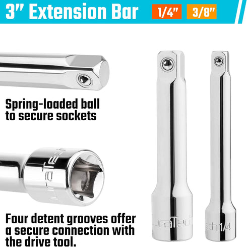 DURATECH Stubby Ratchet Set, 3-IN-1 Ratchet Handle, with 2 Extension Bars, 1/4", 3/8", 1/2" Drive Ratchet Wrench, 72-Tooth, Reversible Switch, Ful...
