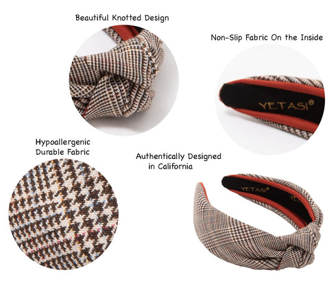 Brown Women's Headbands - Non-Slip Plaid Knotted Headband with Unique Top Knot Design...