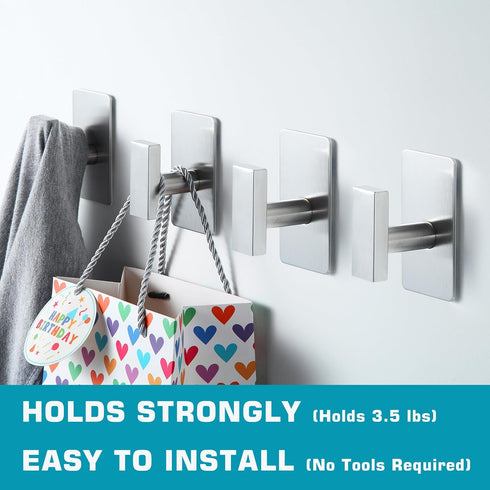 (4-Pack) Adhesive Towel Hooks Square Stainless Steel Adhesive Wall Hooks for Bathroom Kitchen Hanging Hats, Coats, Clothes (Brushed Nickel)...