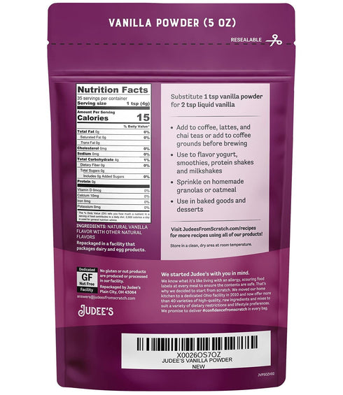 Judee's Premium Vanilla Powder 5 oz - Non-GMO and Made in the USA - Gluten-Free and Nut-Free - Add Extra Vanilla Flavor to Baked Goods, Coffee, Yo...
