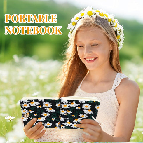 Fabric Notebook A6 Flower Embroidered Journal Daisy Printed Linen Hardcover Journal Pocket Ruled Notebook Blank for Women Girls Gifts Office and S...