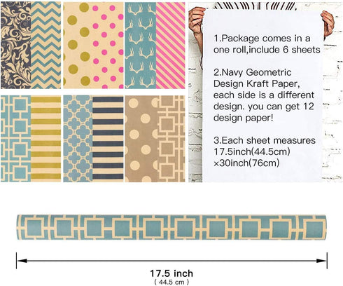 RUSPEPA Reversible Kraft Wrapping Paper Sheet - Navy Geometric Design Kraft Paper - 6 Sheets Packed as 1 roll - 17.5 x 30 inches per Sheet...