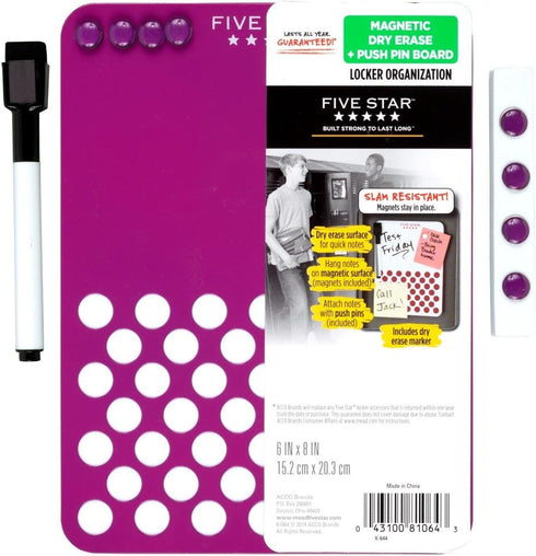 Five Star Locker Accessories, Locker Dry Erase Board + Locker Push Pin Board, Magnetic, 6" x 8", Purple (73545)...