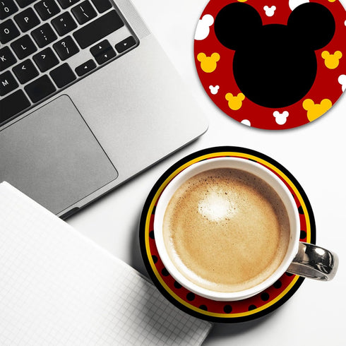 Cute Cartoon Mouse Drink Coasters with Holder Set of 6, Red Yellow Absorbent Ceramic Cup Mat for Coffee Table Protection, 4 Inch Polka Dot Stripes...
