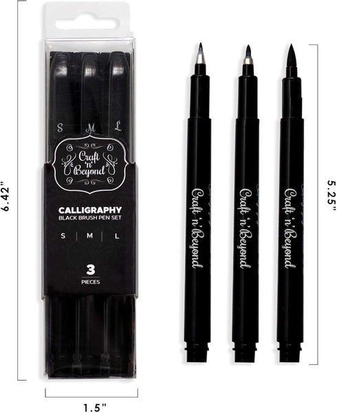 Craft 'n' Beyond Calligraphy Brush Pens Pack of 3 Small, Medium and Large Markers for Hand Lettering, Art Drawing, Sketching, Scrapbooking, Journa...