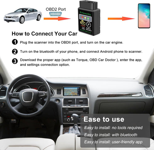 Friencity OBD2 Scanner Bluetooth for Car, Code Reader & Diagnostic Tools for iOS, Android and Windows, Wireless OBD II Scan Tool for Reset & Clear...