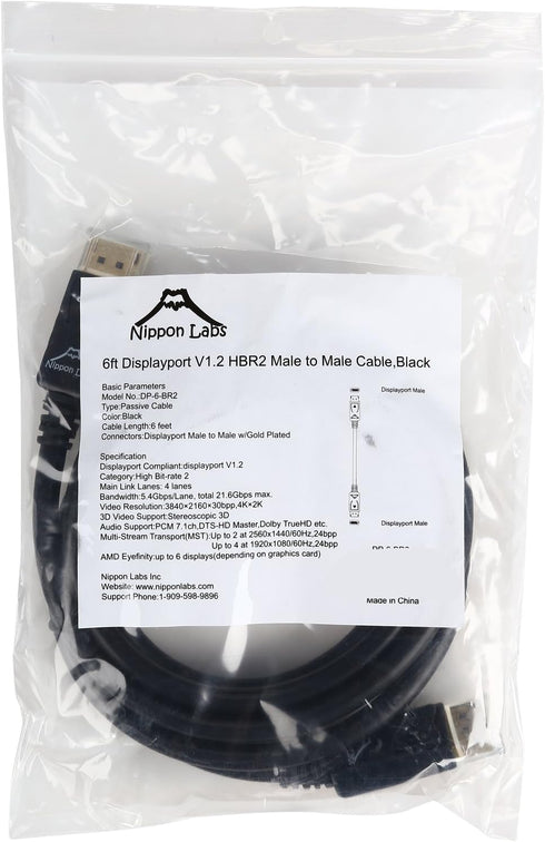 Nippon Labs DP-6-BR2 6 Feet Black DisplayPort Male to Male w/Gold Plated 28 AWG DisplayPort V1.2 High Bit-Rate 2 Cable M-M...