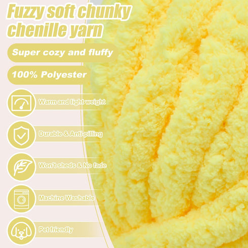 Yellow Chenille Chunky Yarn for Hand Knitting Fluffy Jumbo Chenille Yarn DIY for Crocheting Blanket Cushion 1 Skein (8.5 oz, 32 yds Each Skein)......