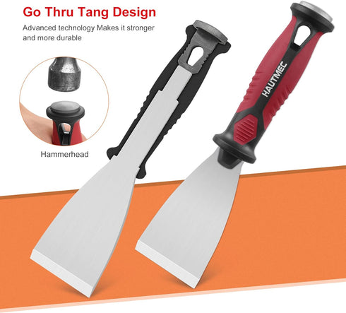 HAUTMEC 2pc Putty Knife Set, 2.5 in Staight and 3 in Offset Scrapers, Heavy Duty Stainless Steel Blade and Hammer End for Removing Wallpaper, Appl...