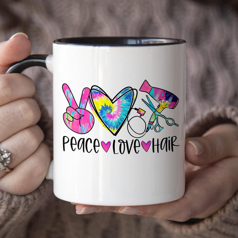 YouNique Designs Peace Love Hair Stylist Coffee Mug, 11 Ounces, Mug for Hairdresser, Hairstylist Cup for Women (Black Handle)...