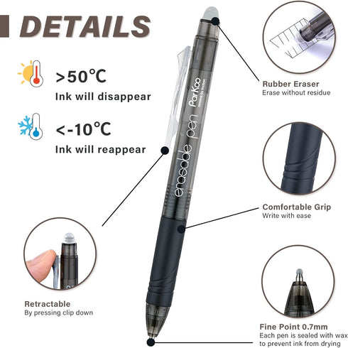 ParKoo Retractable Erasable Gel Pens Clicker Fine Point 0.7 mm, No Need for White Out, 6 Black/6 Blue Ink for Completing Sudoku and Crossword Puzz...
