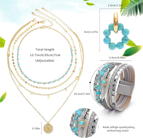 3 Pcs Western Jewelry for Women Bohemian Set, Gold Layered Necklace for Women, Faux Leather Layered Bracelet, Turquoise Beaded Huggie Hoop Earring...