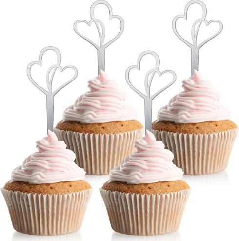 48 Pieces Silver Heart Cupcake Toppers Double Heart Cupcake Picks Love Cake Decorations Engagement Toothpicks for Bridal Shower Wedding Anniversar...