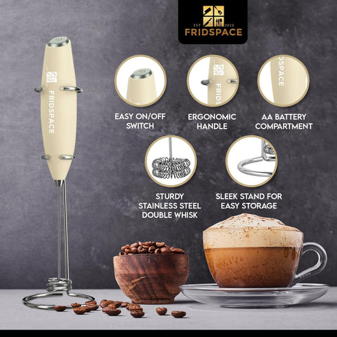 Handheld portable milk frother durable double whisk electric coffee machine, battery operated stainless steel milk mixer with stand, instant foam ...