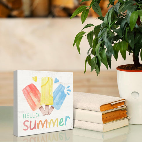 Summer-Home-Decor-Wooden-Box,Hello Summer,Summer Decorations for Home Office Indoor Farmhouse Kitchen Shelf Table,5x5 Inch...