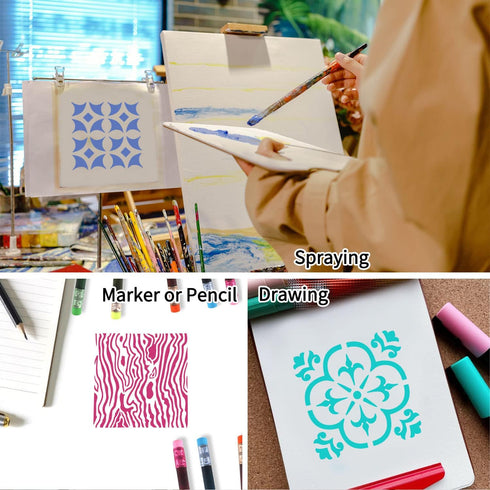 16 Pieces Wall Stencils for Painting, Herringbone Geometric Cubist Modern Wall Stencil, Reusable Templates for Painting on Walls Canvas DIY Craft ...